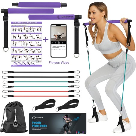 Goocrun Portable Pilates Bar Kit with Resistance Bands for Men and Women - 3 Set Exercise Resistance Bands - Multifunctional