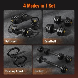 FEIERDUN Adjustable Dumbbells, 44/66lbs Free Weight Set with 4 Modes, Used as Barbell, Kettlebells, Push up Stand, Fitness