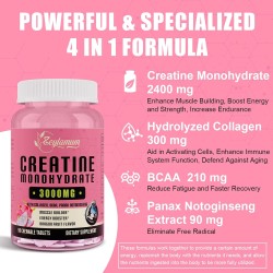 Monohidrato de creatina de 3000 mg para mujeres, monohidrato de creatina pura con colágeno hidrolizado, BACC, extracto de Panax